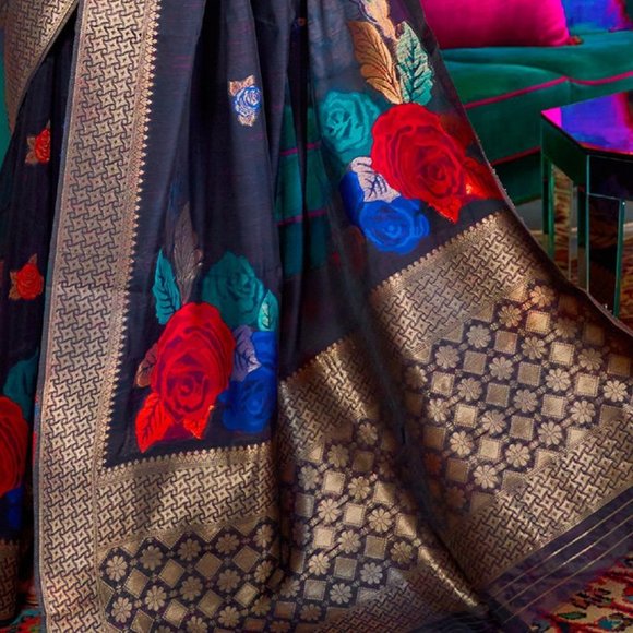 JHEAPS ADMIRAL BLUE SOFT SILK MULTI SLUB WEAVING PRETTY SAREE - Picture 4 of 4